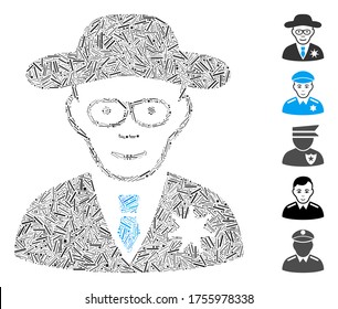 Dash Collage based on sheriff icon. Mosaic vector sheriff is created with scattered dash dots. Bonus icons are added.