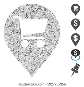 Collage de guiones basado en el icono del marcador del mapa del supermercado. El marcador de mapa de supermercados de vectores mosaicos se forma con elementos de guiones dispersos. Se agregan iconos de bonificación.
