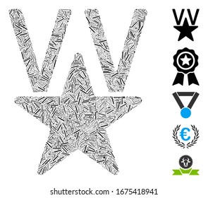 Dash Collage based on victory star icon. Mosaic vector victory star is designed with randomized dash items. Bonus icons are added.