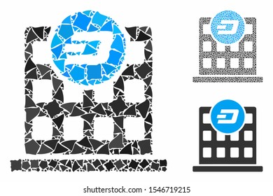 Dash company building mosaic of bumpy elements in various sizes and color hues, based on Dash company building icon. Vector bumpy pieces are composed into collage.