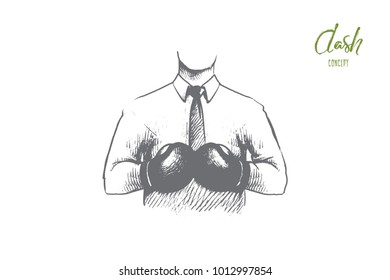 Dash concept. Hand drawn man in white shirt and boxing gloves. Achiving goal in business concept isolated vector illustration.