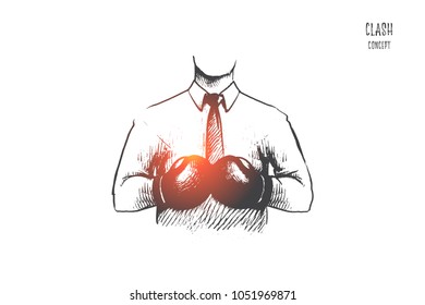 Dash concept. Hand drawn man in white shirt and boxing gloves. Achiving goal in business concept isolated vector illustration.