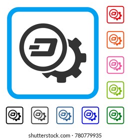 Dash Configuration Gear icon. Flat grey iconic symbol inside a blue rounded rectangular frame. Black, gray, green, blue, red, orange color additional versions of Dash Configuration Gear vector.