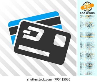 Dash Credit Cards icon with 700 bonus bitcoin mining and blockchain pictograms. Vector illustration style is flat iconic symbols designed for bitcoin websites.