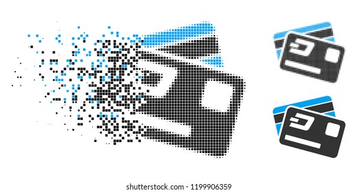 Dash credit cards icon in dissolving, dotted halftone and undamaged solid versions. Particles are composed into vector dissolving Dash credit cards icon. Disappearing effect involves rectangle pixels.