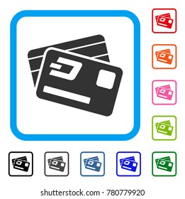 Dash Credit Cards icon. Flat grey pictogram symbol inside a blue rounded frame. Black, gray, green, blue, red, orange color additional versions of Dash Credit Cards vector.