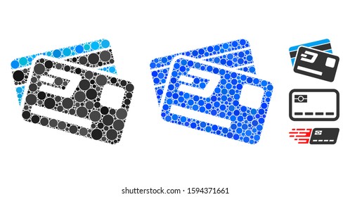 Dash credit cards mosaic of filled circles in various sizes and color tinges, based on Dash credit cards icon. Vector round dots are composed into blue mosaic.