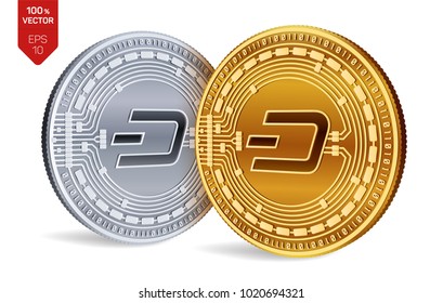 Dash. Crypto currency. 3D isometric Physical coins. Digital currency. Golden and silver coins with Dash symbol isolated on white background. Block chain. Vector illustration