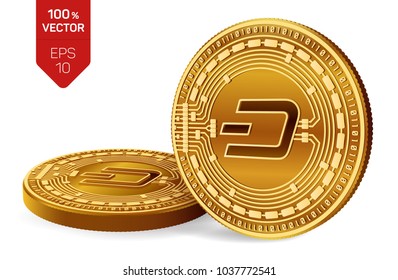 Dash. Crypto currency. 3D isometric Physical coins. Digital currency. Golden coins with Dash symbol isolated on white background. Block chain. Vector illustration.