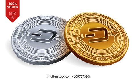 Dash. Crypto currency. 3D isometric Physical coins. Digital currency. Golden and silver coins with Dash symbol isolated on white background. Block chain. Vector illustration.