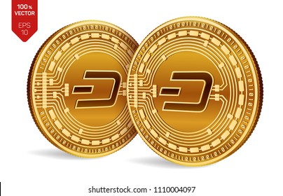 Dash. Crypto currency. 3D isometric Physical coins. Digital currency. Golden coins with Dash symbol isolated on white background. Block chain. Vector illustration.