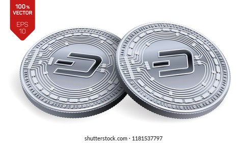 Dash. Crypto currency. 3D isometric Physical coins. Digital currency. Silver coins with Dash symbol isolated on white background. Block chain. Vector illustration.