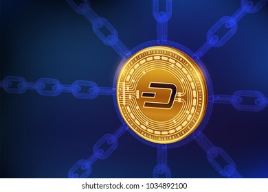 Dash. Crypto currency. Block chain. 3D isometric Physical Dash coin with wireframe chain. Blockchain concept. Editable Cryptocurrency template. Stock vector illustration.