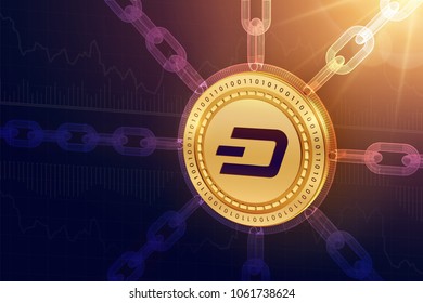 Dash. Crypto currency. Block chain. 3D isometric Physical Dash coin with wireframe chain. Blockchain concept. Editable Cryptocurrency template. Stock vector illustration.