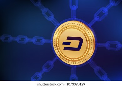 Dash. Crypto currency. Block chain. 3D isometric Physical Dash coin with wireframe chain. Blockchain concept. Editable Cryptocurrency template. Stock vector illustration.