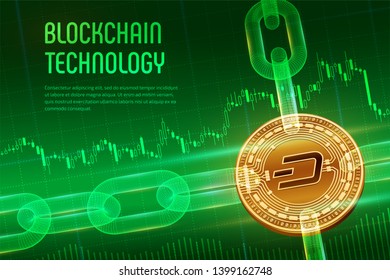 Dash. Crypto currency. Block chain. 3D isometric Physical golden Dash coin with wireframe chain on blue financial background. Blockchain concept. Editable Cryptocurrency template. Vector illustration