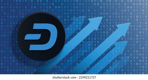 Dash (DASH) crypto currency logo coin on futuristic financial technology background and banner vector illustration. Can be used as cover, header, backdrop, poster, wallpaper and print design