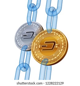 Dash. Cryptocurrency. Blockchain. Golden and Silver Dash coins with wireframe chain. 3D isometric Physical coins. Block chain concept. Editable template. Stock vector illustration.