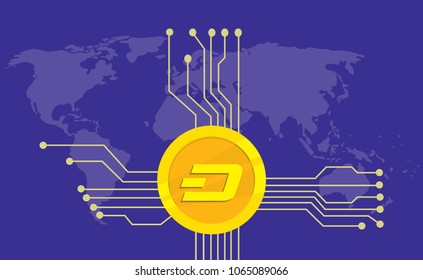 dash cryptocurrency brand icon option with golden coin and electronic point with world map background