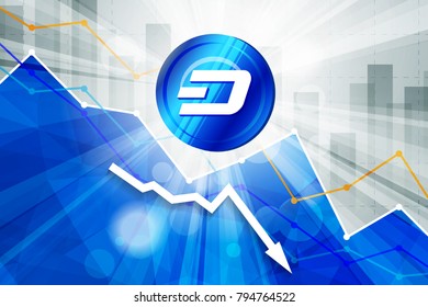 Dash cryptocurrency in the bright rays on background with statistics chart and arrow going down