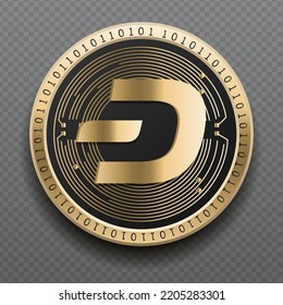 Dash (DASH) cryptocurrency golden coin isolated in transparent background. Virtual currency token symbol vector illustration based on cryptography and block chain technology.