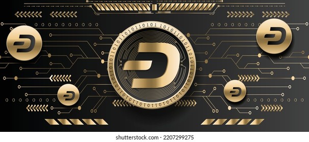 DASH criptodivisa moneda de oro sobre tecnología futurista fondo ilustración vectorial banner y plantilla de papel tapiz 