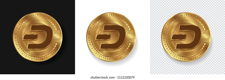 Dash cryptocurrency golden currency symbol coins isolated in dark, white and transparent background. Crypo logo sticker, emblem, badges and label designs. 