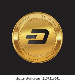 DASH Cryptocurrency logo in black color concept on gold coin. Dash Coin Block chain technology symbol. Vector illustration.