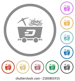 Dash cryptocurrency mining with treasure flat color icons in round outlines on white background