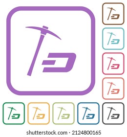 Dash cryptocurrency mining with treasure simple icons in color rounded square frames on white background