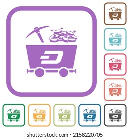 Dash cryptocurrency mining with treasure simple icons in color rounded square frames on white background