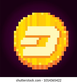 Dash. Cryptocurrency. Pixel art. Old school computer graphic style. 8 bit video game. game element.