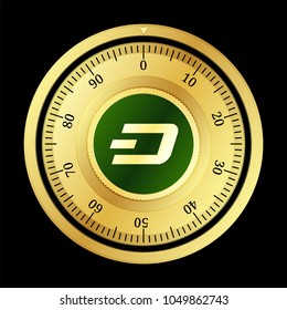 Dash (DASH) cryptocurrency safe lock. Eps10 vector illustration isolated on black background.