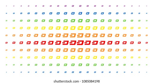 Dash currency icon spectrum halftone pattern. Vector dash currency objects are organized into halftone matrix with vertical rainbow colors gradient. Constructed for backgrounds, covers,