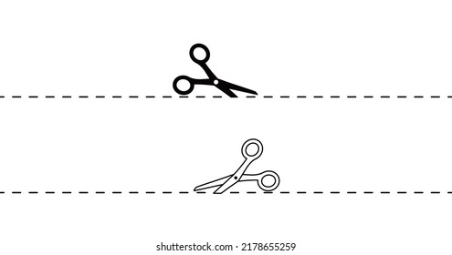 Dash cutout seamless line. Dashed perforated path with scissors icon. Black and outline. Sale coupone crop border. Vector illustration. Crop marks on voucher border.