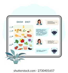 Dieta de traço com alimentos recomendados e interação de chatbot com uma mulher