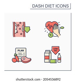 Dash diet color icons set. Stop hypertension, low-fat, eating plan, reducing cholesterol. Healthy food concepts. Isolated vector illustrations