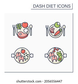 Dash diet color icons set. Balanced nutrition. Small portion. Healthy food concepts. Isolated vector illustrations