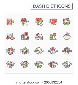 Dash diet color icons set. Consists of stopping hypertension, low sodium, eating plan, balanced nutrition etc. Healthy food concepts. Isolated vector illustrations