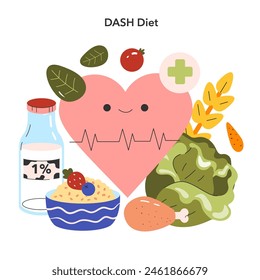 DASH diet concept. A heart character surrounded by healthy food items suggests a heart-friendly nutrition plan. Vector illustration.