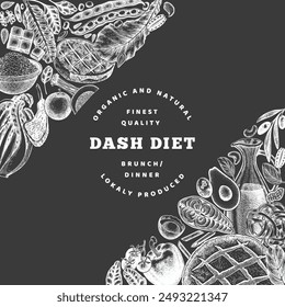 Plantilla de diseño de dieta Dash. Vector dibujado a mano Tablero de tiza Anuncio de alimentos saludables. Ilustración de pizarra de menú de estilo Antiguas.