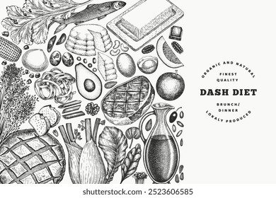 Plantilla de diseño de dieta Dash. Vector Dibujado A Mano Anuncio De Alimentos Saludables. Ilustración de menú de estilo de Antiguas.