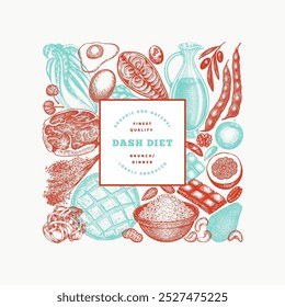 Dash Diet Design Template. Vector Hand Drawn Healthy Food Banner. Vintage Style Menu Illustration.