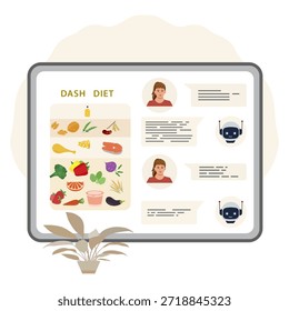Diagrama de dieta traço na tela com mensagens de bate-papo e ícones robôs, incluindo ilustrações de mulheres