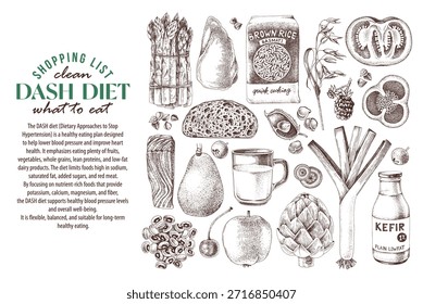 DASH dieta ingredientes vetor. Cartaz de alimentação saudável para pessoas pararem com a hipertensão