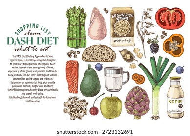 DASH dieta ingredientes vetor. Cartaz de alimentação saudável para pessoas pararem com a hipertensão