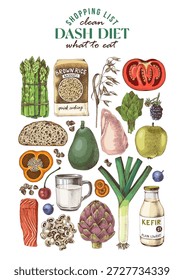 DASH dieta ingredientes vetor. Cartaz de alimentação saudável para pessoas pararem com a hipertensão