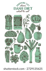 DASH diet ingredients vector. Healthy eating poster for people to stop hypertension