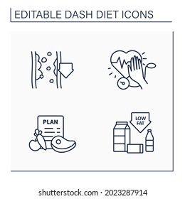 Dash diet line icons set. Stop hypertension, low-fat, eating plan, reducing cholesterol. Healthy food concepts. Isolated vector illustrations.Editable stroke