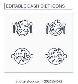 Dash diet line icons set. Balanced nutrition. Small portion. Healthy food concepts. Isolated vector illustrations.Editable stroke